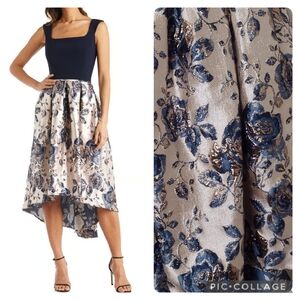 R&M Richards NWT Metallic Floral Brocade High Low Midi Dress Navy Size 12
